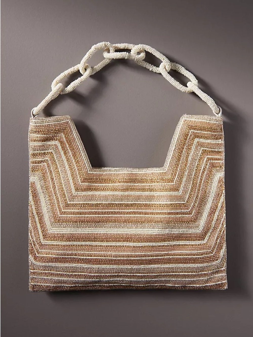 NWT new Anthropologie beaded square shoulder bag beige stripe white chain handle